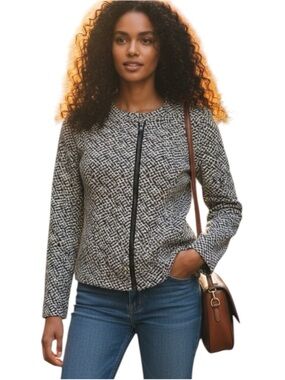 CAbi Cliffside Moto Black and White Geometric lightweight, collarless Jacket
